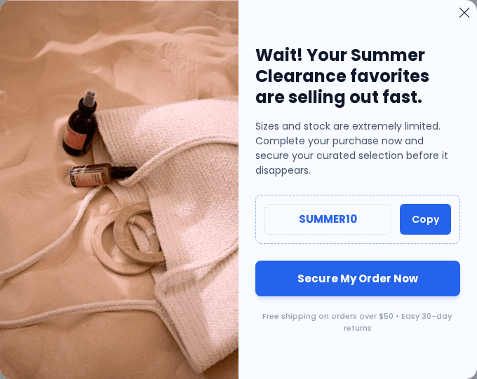 Campaign preview: Cart recovery popup: Last chance for Summer Clearance