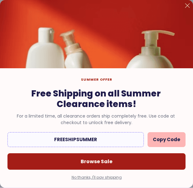 Campaign preview: Welcome popup: Summer Clearance free shipping booster