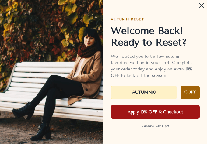 Campaign preview: Autumn Reset: Cart recovery modal for returning users